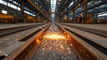 Steel Mill Processing with Glowing Sparks