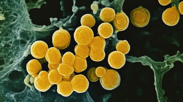 Close-up of Staphylococcus aureus bacteria showcasing their distinctive spherical shape and color under high magnification.