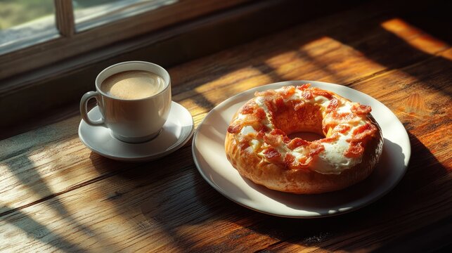 Baked bagel with bacon and egg served alongside a cup of coffee in a cozy morning setting by the window