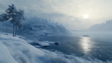 Fototapeta premium Winter landscape of Baikal Lake showcasing a serene icy environment and a tranquil atmosphere under a soft, cloudy sky.