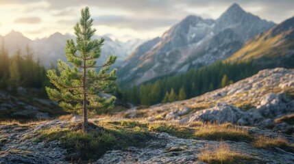 Fototapeta premium A solitary pine tree stands on rocky terrain with majestic mountains in the background under a golden hour sky in a serene landscape setting
