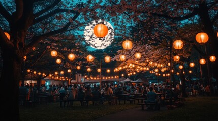 Obraz premium Night cherry blossom festival with illuminated lanterns and people enjoying the event.