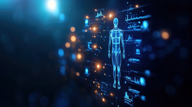 A futuristic, digital representation of a human figure surrounded by glowing data elements and visualizations, symbolizing technology and health. - Powered by Adobe