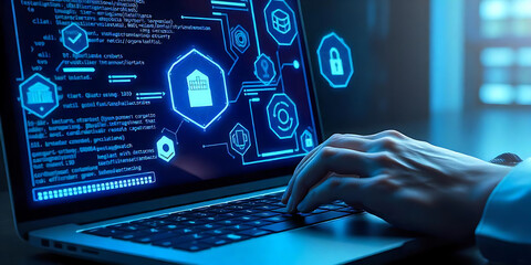 Hand Typing on Laptop with Holographic Digital Interface and Programming Code