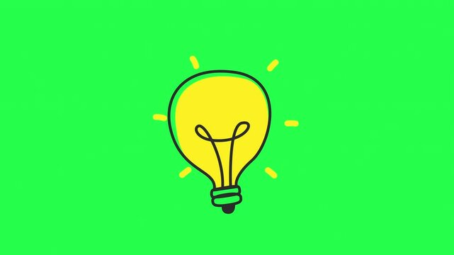 idea lightbulb animation with line doodle cartoon flat style green screen background