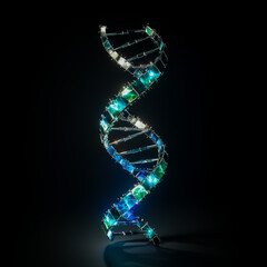 Obraz premium A futuristic rendering of a DNA strand with glass-like reflections and vibrant glowing edges on a black backdrop.
