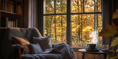 Cozy armchair by a sunny window with coffee and autumn trees outside, perfect for relaxation and reading a book.