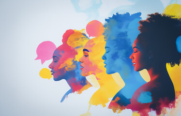 Group of colorful female silhouettes with vibrant speech bubbles expressing diversity and open communication.