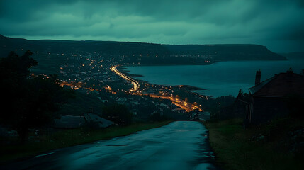 Night coastal highway road, town lights, dark sky, sea.