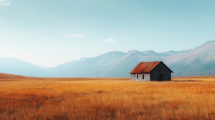 Rustic outbuilding surrounded by golden autumn fields with majestic mountains in the background under a clear blue sky.