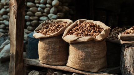 Burlap bags filled with freshly harvested walnuts displayed against a rustic stone backdrop