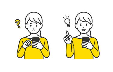 スマホを見て疑問を持つ･ひらめきのポーズをする若い女性のセット【人物ベクターイラスト素材】