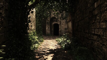 Obraz premium Abandoned alleyway with overgrown vegetation leading to an ancient stone archway illuminated by soft sunlight in a forgotten area.