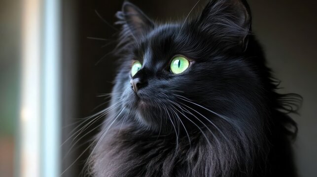 Close-up portrait of a black longhair cat with bright green eyes, looking to the side.