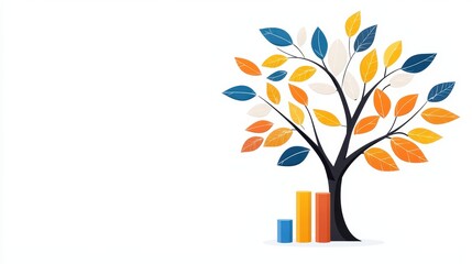 Measuring success and growth assessment concept. Colorful tree illustration with leaves and bar graphs, symbolizing growth and data analysis.