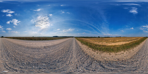 Naklejka premium full seamless spherical 360 hdri panorama view on gravel road among fields in equirectangular projection, for VR AR virtual reality content