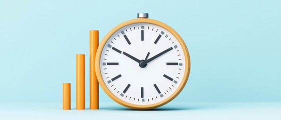 Measuring success and growth assessment concept. Stylish clock with wooden frame beside three rising bar graphs on a light blue background.