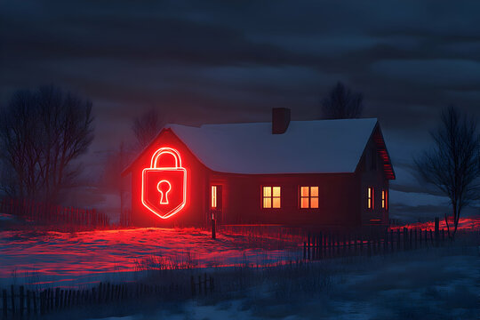 Night scene of a snow-covered house with a glowing red neon padlock symbol. - Powered by Adobe