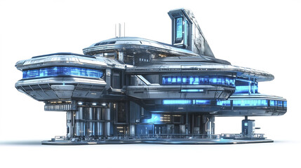 Futuristic space station building with sleek design and blue lights