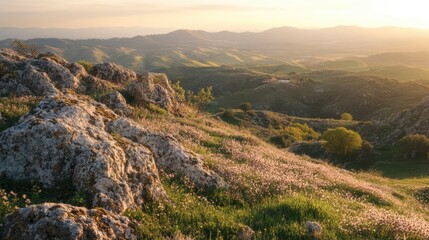 Obraz premium Almond bloom landscape at sunset with rolling hills and rocky terrain in a serene natural setting.
