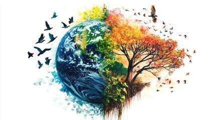 Earth, Tree, and Birds in Watercolor Style