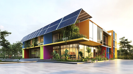 Naklejka premium Sustainable solar powered school building with vibrant design and greenery