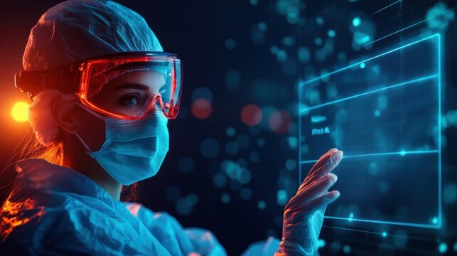 A healthcare professional in protective gear interacts with a futuristic digital interface, highlighting the integration of technology in medical environments.
