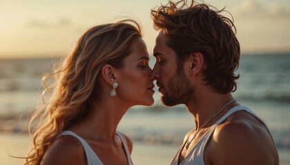 Fototapeta premium Romantic couple kissing on the beach at sunset