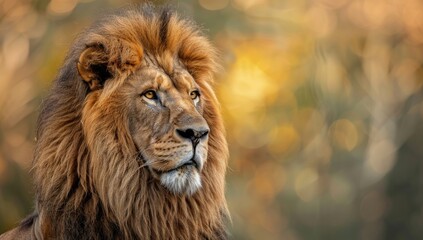 Fototapeta premium A majestic male lion in full sprint runs dynamically across the sun-kissed field, its mane and tail flowing wildly as it chases into the forest.