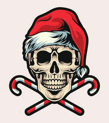 Vector illustration of a skull wearing a Santa Claus hat