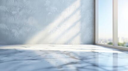 A bright, minimalistic interior with marble flooring and large windows, allowing sunlight to cast soft shadows on the surface.