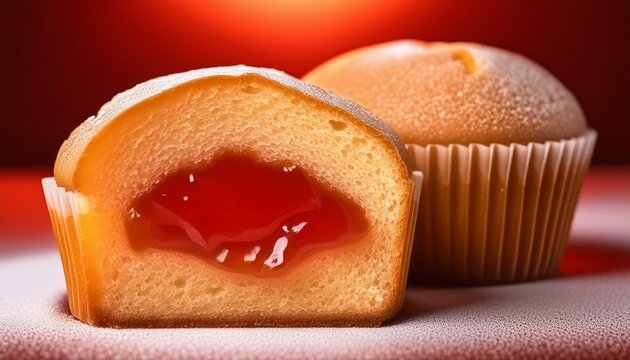 A cup cake cut in half, revealing the delicious strawberry filling inside