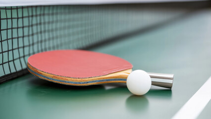 Table Tennis Paddle and Ball on a Green Ping Pong Table
