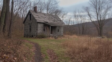 Abandoned farmhouse beside hiking trail in serene rural landscape with overgrown grass and trees in autumn setting