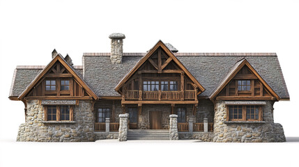 Rustic mountain house with stone and wood design, featuring charming facade
