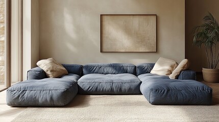 A modern living room with a large sectional sofa, a large painting, and a potted plant in the corner. The room is bathed in natural light.