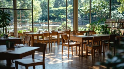Obraz premium Sunlit restaurant interior with wooden tables and chairs overlooking a tranquil pond and lush greenery.