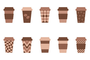 Craft paper, plastic cup for hot drinks, coffee, tea, chocolate clipart collection. Hand drawn isolated vector mug set.