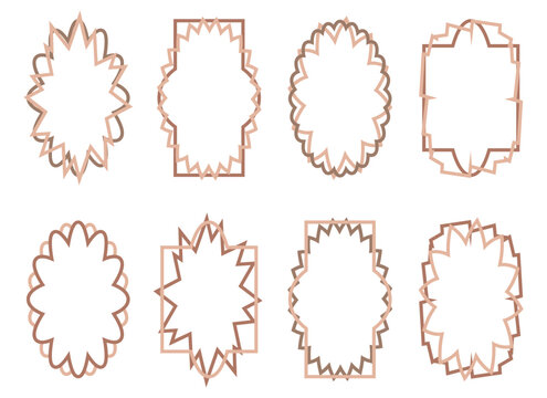 Doodle curved borders collection in trendy Mocha Mousse color. Geometric abstract frames set. Hand drawn vector illustration isolated on white background.