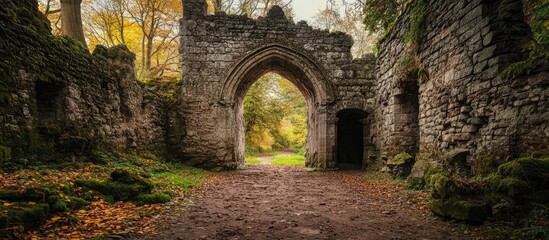 Obraz premium Ancient medieval ruins showcasing a historic passageway perfect for capturing architectural photography in a serene natural setting