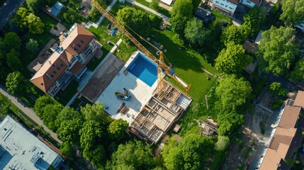 Eco-friendly green building construction site with crane residential area aerial view sustainable practices