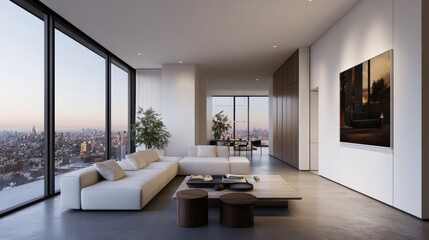 Fototapeta premium Luxurious modern living room with panoramic city views at dusk