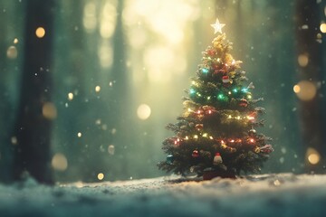 Obraz premium Quiet Forest Clearing with a Beautifully Decorated Christmas Tree