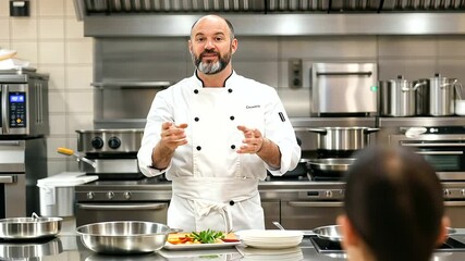 Chef Leading Cooking Class in Professional Kitchen