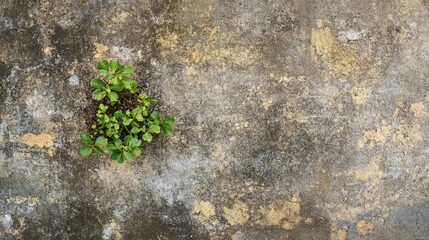 Naklejka premium Resilient green plant emerging from a weathered concrete crack symbolizing nature's perseverance against harsh urban environments