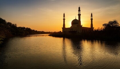 Sunset Silhouette: Mosque by the Lake, Serene Golden Hour