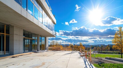 Sustainable green building construction site urban environment modern architecture sunlit view eco-friendly design