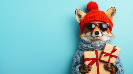 Adorable Furry Fox in Sunglasses and Beanie Holding Gift Boxes on Serene Blue Background