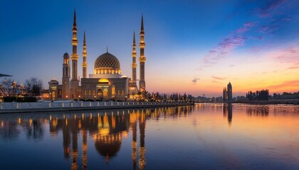 Naklejka premium Majestic Mosque at Sunset: Serene Water Reflection and Golden Hues