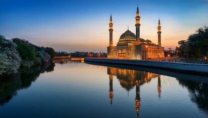 Serene Mosque at Dusk: Golden Illumination and Water Reflection